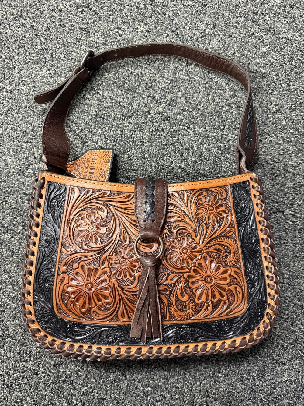 Hand-Tooled Floral Leather Shoulder Bag - Brown/Black